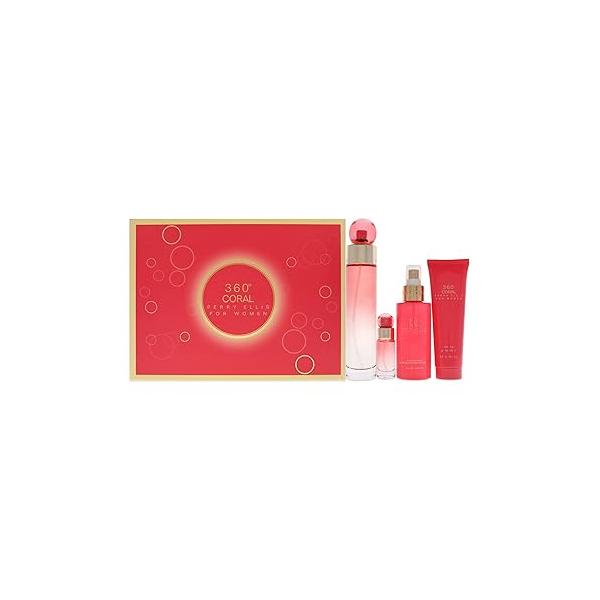 Perry Ellis 360 Coral 3.4oz EDP Spray, 4oz Body Mist, 3oz Shower Gel, 0.25oz Spray Women 4 Pc Gift Set