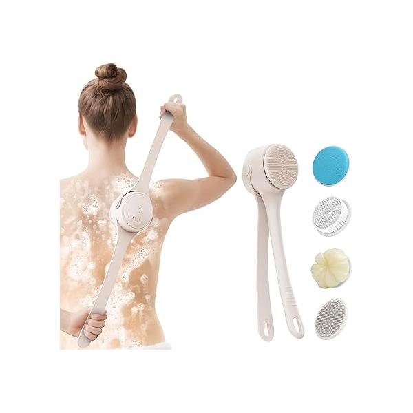 Electric Body Brush Back Scrubber for Shower - Waterproof Dual-Speed Bath Long Handle with 4 Heads, Rechargeable Silicone Cleansing, Exfoliating and Massaging Skin Apricot