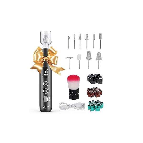PELCAS Electric Nail Grinder, 10 Speeds Cordless Drill with LED Light, Portable Manicure and Pedicure Kit, File LCD Screen for Human, Pet, Thick Toenails, Natural & Acrylic Nails Grey
