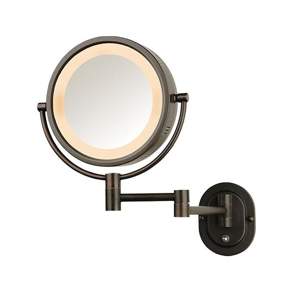 JERDON Two-Sided Wall-Mounted Makeup Mirror with Halo Lighting - Lighted 5X Magnification & Wall-Mount Arm Plug in Round Chrome Finish Wall Mount Model HL65C