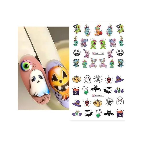 Halloween Nail Stickers for Art, Water Transfer Decals Pumpkin Bat Spider Witch Ghost Designs, Cute Bear Sliders Supplies Women Decorations