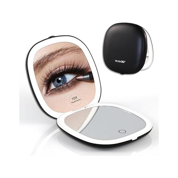 Portable LED Makeup Mirror - Compact Travel with Light, 10X Magnification, Adjustable Brightness, Rechargeable, for Her, Accessories Women, Ideal Purse