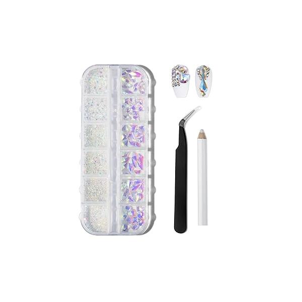 YATOJUZI Rhinestones for Nails kit Crystal Ab Gems Flatback Irregular Round Rhinestone with Pick Up Tweezers and Pen Nail Charms Jewels Art DIY Decor Face Body Makeup Party Concerts 1440pcs