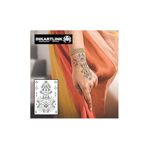 Temporary Tattoos, 2 Sheets Medium Semi Permanent Tattoo Adult Art Design Waterproof Temp Party Favors Realistic Look, No Adhesive, Reflection, Lasts 1-2 Weeks Black (Lotus)