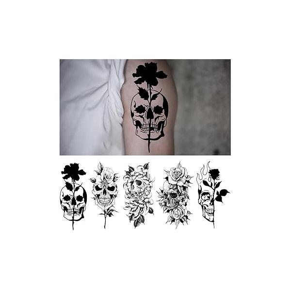 Halloween Temporary Tattoo 5 Sheet Black Skull Fake Tattoos Rose Flower Realistic Body Arm Neck Chest Shoulder Floral Stickers For Adult Kids Parties Festival Accessories