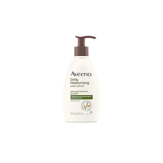 Aveeno Daily Moisturizing Body Lotion with Soothing Prebiotic Oat, Gentle Nourishes Dry Skin With Moisture, Paraben-, Dye- & Fragrance-Free, Non-Greasy Non-Comedogenic, 12 fl. Oz