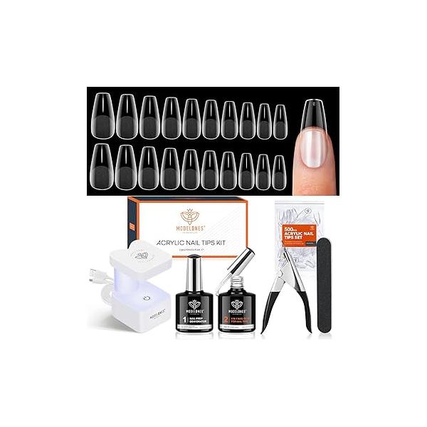 modelones Gel Nail Kit, Fake Nails Long Coffin, 9-in-One Glue Prep Dehydrator & Portable Mini U V Light Acrylic Clipper, 500Pcs Coffin Tips for Extension Kit DIY Salon Home Gifts Women