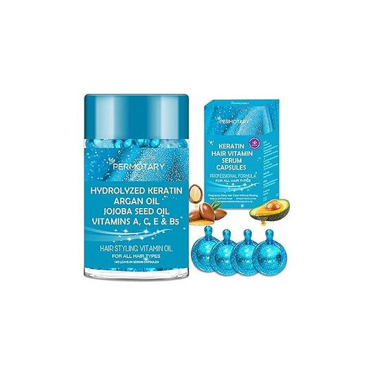 100 Capsules Styling Serum With Keratin, Treatment Oil for Frizzy Hair, Vitamins A, C, E & B5, Argan Avocado All Types, Leave-in Conditioner Women Men