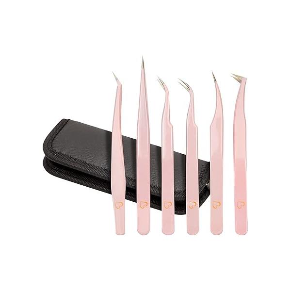 Okuna Outpost 6-Piece Precision Tweezer Set for Eyelash Extensions with Storage Case (Light Pink)