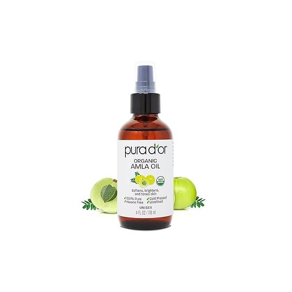 PURA D'OR Organic Amla Oil (4oz / 118mL) 100% Pure USDA Certified Premium Grade Natural Moisturizer, Cold Pressed, Hexane-Free Base Carrier for DIY Skin Care Men & Women, Pack of 1, 0.5 pounds