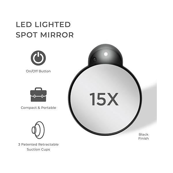 Zadro Magnification Lighted Compact Mirror with LED Light & Retractable Suction Cups - Travel Makeup Mirror, Cool White 6400K Lighting, Battery Operated, Made in USA (Black, 15X | 4.3" L x 3.5" W)