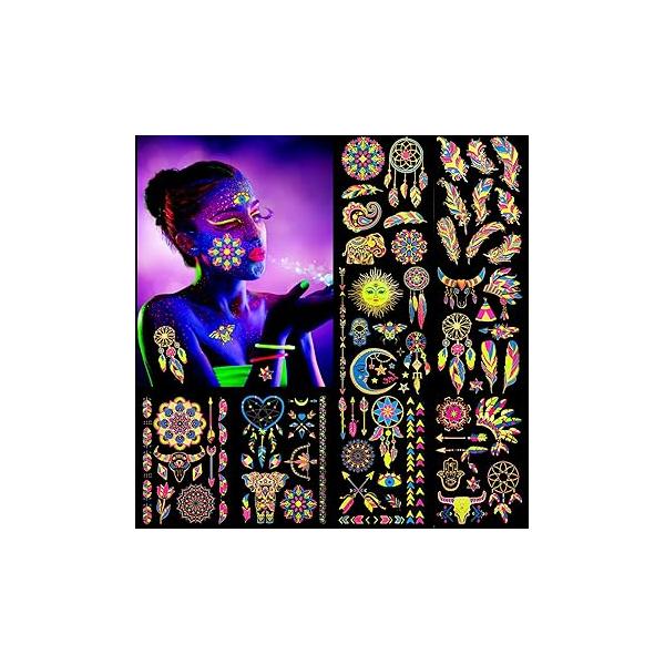 HOWAF 8 Large Neon Glow in The Dark Metallic Gold Temporary Tattoos, Assorted Designs UV Peacock Feather Mandala Flower Fake Waterproof Tattoo Stickers for Women Men Girls Body Art