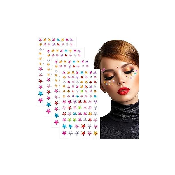 PAGOW 4 Sheets Star Face Gem Stickers, Adhesive Acrylic Jewelry, Multicolor Hair Gems Stick on, Festival Accessories for Women Nose Ear Eyes Eyebrow Make Up (6mm 8mm 10mm)