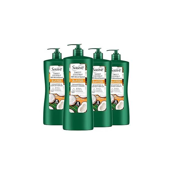Suave Natural Sweet Coconut 2 In 1 Shampoo & Conditioner with 100% Coconut, for Softening and Shining Hair, No Dyes, Parabens, Phthalates, 28 Oz (Pack of 4)