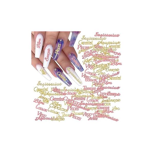72 Pieces Alloy Zodiac Word Message Nail Charms Gold and Pink Constellation Words Signs Studs Twelve for Women Girls Art Decoration