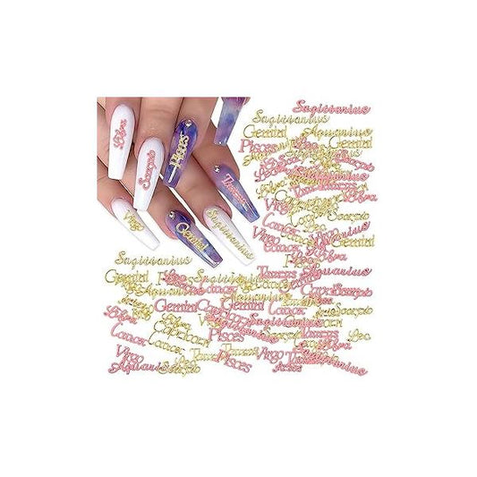 72 Pieces Alloy Zodiac Word Message Nail Charms Gold and Pink Constellation Words Signs Studs Twelve for Women Girls Art Decoration