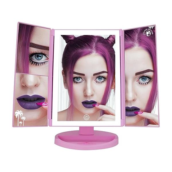 Impressions Vanity Barbie LED Trifold Makeup Mirror with Magnification, 3 Way View Portable Desk Mirrors Dimmable Tri Tone Lighting, Tilt Adjustable Stand, and Touch Switch