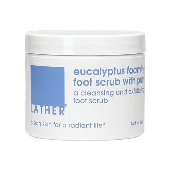 LATHER Foot Scrub with Pumice Stone - Gentle Exfoliating Foaming for Skin Cracked Heel Repair Smooth, Soft Feet Pedicure Spa | 4 Oz