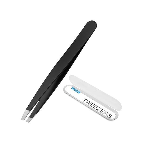 Stainless Steel Tweezers for Eyebrows-Slant Tweezer with Case Women&Man,Great Precision on Brow,Facial Hair and Ingrown Removal(Black)