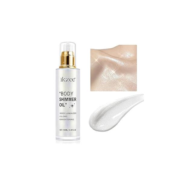 Body Shimmer Oil 100ml, Long Lasting Moisturizing Face & Luminizer, Waterproof Liquid Illuminator, Glitter Highlighter (#04 Golden Brown)
