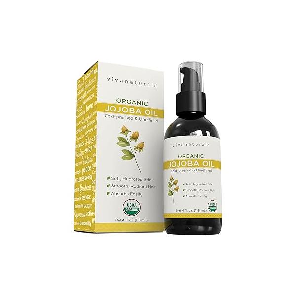 Viva Naturals Organic Jojoba Oil - Pure Cold-Pressed for Skin and Hair, USDA Certified Face Moisturizer, 4 fl. oz