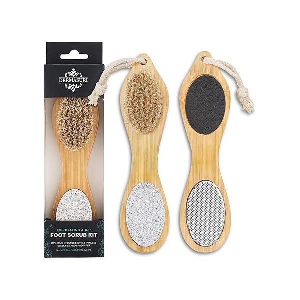 Dermasuri 4 in 1 Exfoliating Foot Scrub Kit - Multi Purpose Care Natural Bamboo Pedicure Spa Pumice Stone Callus Remover, Stainless Steel File, Sand Paper Surface, & Dry Brush