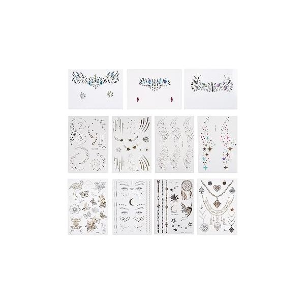 Kare & Kind Temporary Flash Stickers (3 sheets), Face Metallic Art Tattoo (5 Rhinestone Mermaid Jewels Sheets) - Waterproof, Fake Jewelry, Glitter, Bohemian, Costume, Party, Coachella