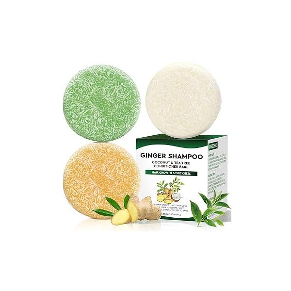 Tea Tree & Organic Ginger Shampoo Bars and Conditioner Set, for Clarifying Grease, Promote Hair Growth, Anti Loss, Coconut Oil Solid Bar Deep Moisturizing PH Balanced
