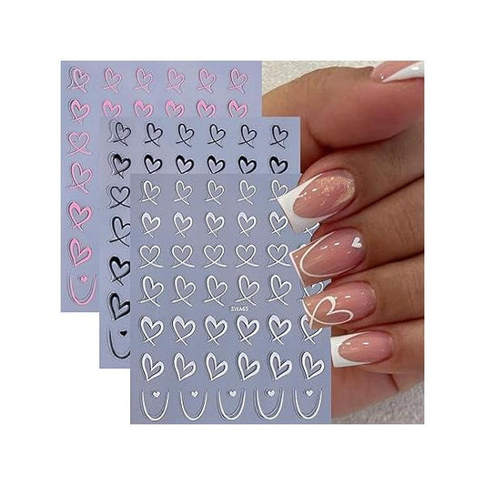 6 Sheets Heart Nail Stickers Valentine’s Day Art 3D White Pink Black Love Decals Self Adhesive Simple French Hollow Design Supplies for Women Girls DIY Manicure