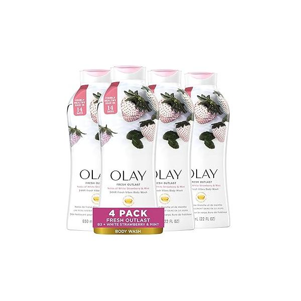 Olay Body Wash for Women, Fresh Radiance, Refreshing & Renewing, Made with Plant Based Cleansers, B3 Botanical Complex, For All Skin Types, Strawberry Mint Scent, 22 fl oz (Pack of 4)