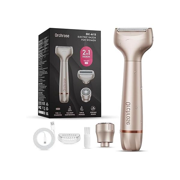 Electric Razor for Women Body: Rechargeable Painless Shaver Bikini Face Body Legs Underarms - 3-in-1 Blade and Rotary Shaving Head (Honey Gold)