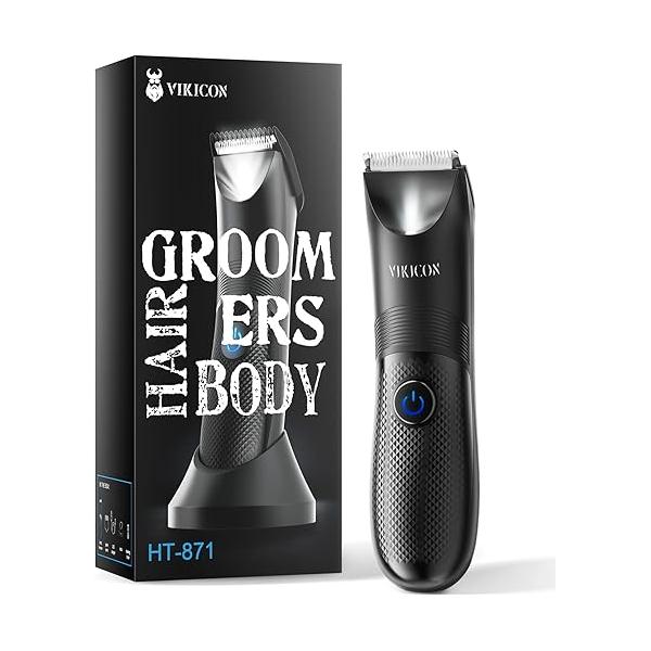 VIKICON Manscape Trimmer for Men - No Nicks Electric Razor-Shaver Balls/Pubic/Groin/Legs/Chest Hair Removal w/Light & Ceramic Blade, IPX7 Waterproof Body Groomer USB-C Charging, Gifts Him Dad