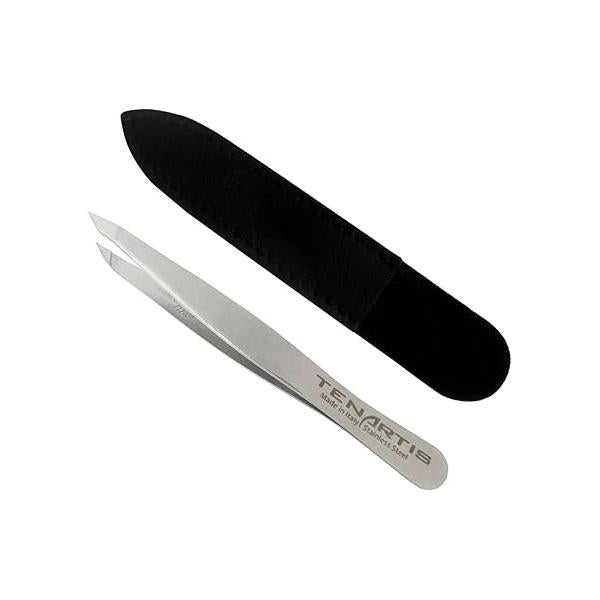 Hair Tweezers Stainless Steel with Leather Case - Tenartis Made in Italy (Slant/Pointed)