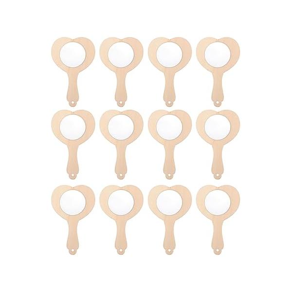 MERRYHAPY 12pcs DIY Heart Shaped Wooden Handheld Mirror Unfinished Craft Accessory for Boy Girl Painting and Creative Projects Present Art Activities