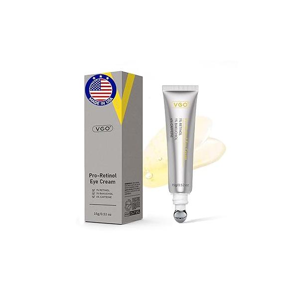 VGO Retinol Eye Cream, Anti-Aging Cream for Dark Circles & Puffiness with 1% Retinol, Bakuchiol 6% Caffeine to Reduce Wrinkles, Fine Lines, De-puff and Bags, 0.52 oz/15g, Made in USA