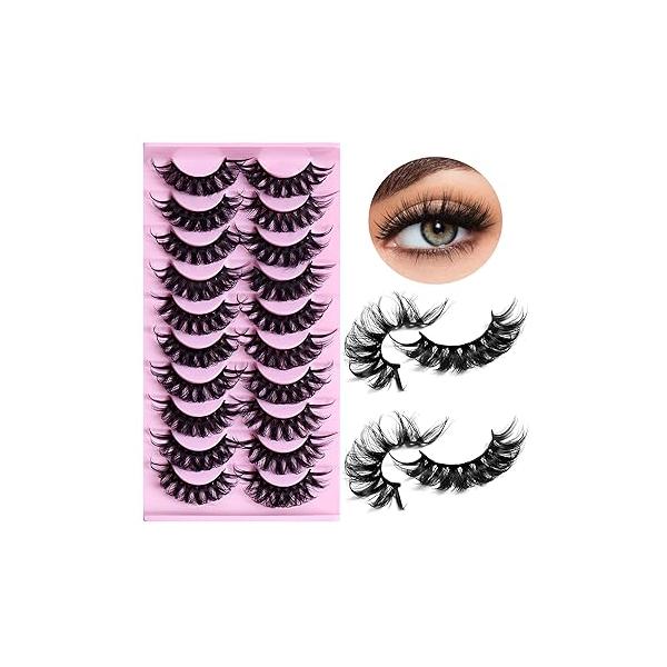 LuckForever 10 Pairs False Eyelashes Russian Strips Eye Lashes Wispy Lash Fluffy Eyelash Extension Natural Look D Curly Volume Fake Reusable Faux for Women Girls
