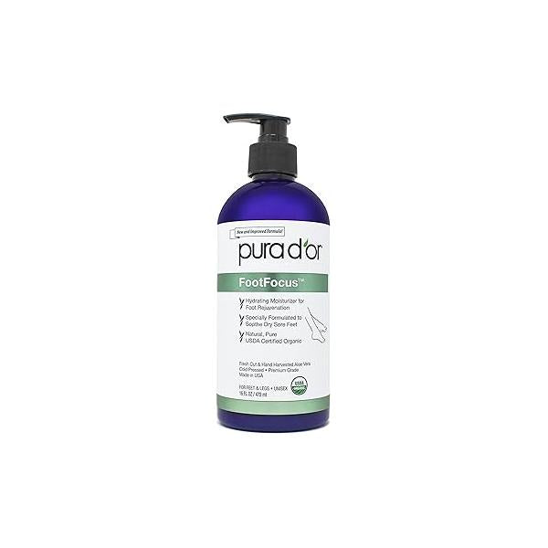 PURA D'OR 16 Oz FootFocus Organic Aloe Vera Gel For Severe Cracked Heel Repair Foot Care Products - Soothes Sore Feet Extra Strength Vitamin E, Peppermint, Tea Tree & Eucalyptus Oil