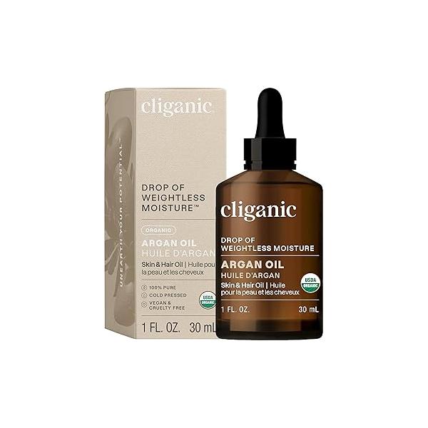 Cliganic Organic Argan Oil, 100% Pure (1oz) - for Hair, Face & Skin | Cold Pressed Carrier Oil (Packaging May Vary)