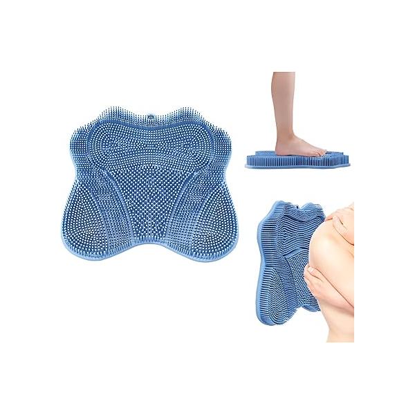 XXL Large Foot Scrubber Mat & Silicone Back with Butterfly Form Design,3 Brush Designs for Deep Cleaning Shower Mat, Wall Mounted Bath(Blue)