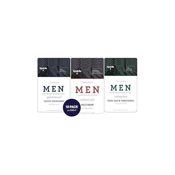 SpaLife Men's 12-Piece Spa Set: Repairing Hand Gloves for Dry Hands, Cooling Mint Foot Socks Cracked Heels, and Moisturizing Face Mask Ultimate Men Grooming Relaxation Gift Kit