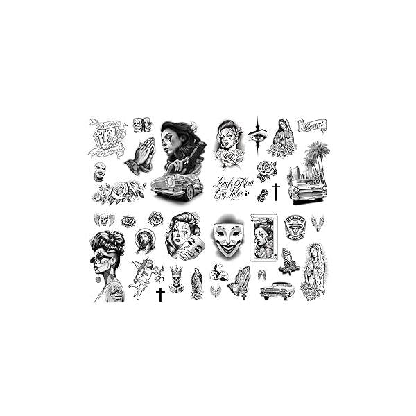 Los Vatos Chicano Vol. II - Cholo Chola 남성용 여성용 임시 타투, 파야사, 로우라이더, 성모 마리아, 기도, 십자가, 치카나, 갱스터, 가짜 Día de Muertos, Tatuajes Tempo