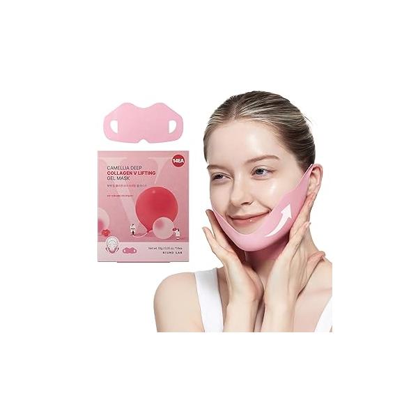 ROUND LAB Camellia Deep Collagen V Lifting Gel Mask 4EA | Double-chin Mask, Instant Cooling & Depuffing, Face Toning Belt, V-line, Improves Sagging Skin, Firming 10g/0.35oz