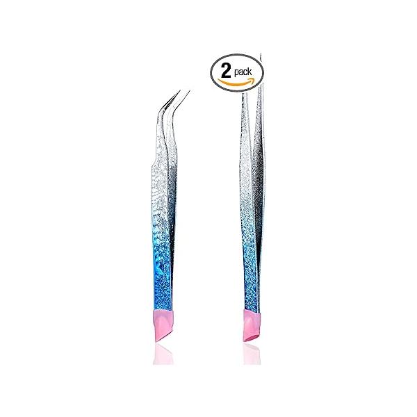 Ice Flower Colored Nail Tweezers for Art, 2pcs Multifunctional Art Straight Curved Tip with Silicone Pressing Heador