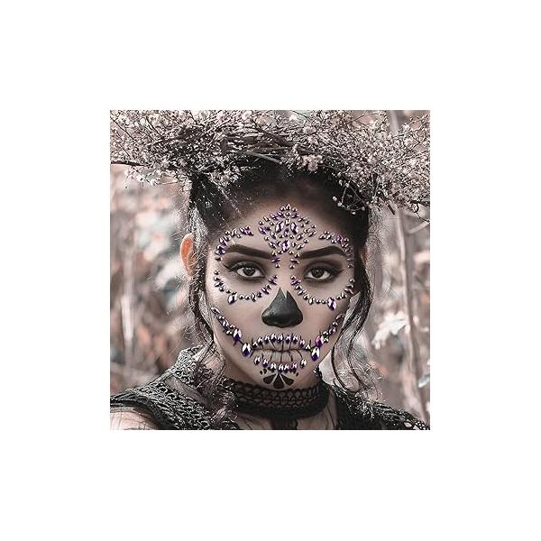 Day Of The Dead Temporary Tattoo Kit Skull Face Gems Jewels Tattoos Rhinestones For Men Women Kids Halloween Festival Rave Party Cosplay Makeup (White)