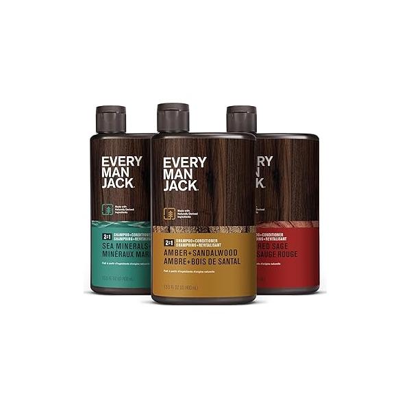 Every Man Jack Men's 2-in-1 Daily Shampoo + Conditioner Variety Pack - Includes 3 Outdoor Inspired Scents Amber Sandalwood, Cedar Red Sage, Sea Minerals Citron, 13.5 oz (3 Pack)