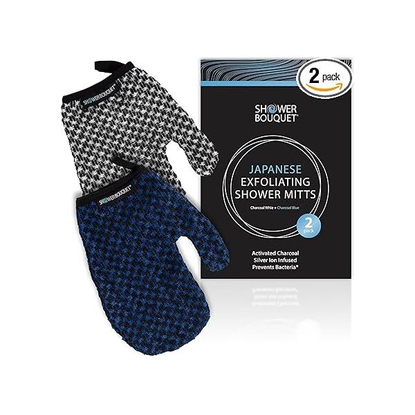 Japanese Exfoliating Mitt 2-Pack - Charcoal & Silver Ion Gloves for Shower Soft Inner Fabric Gentle Exfoliation Deep Cleansing Body Scrub All Skin Types 1 White, Blue