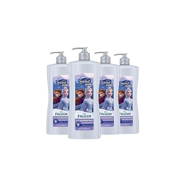 Suave Kids 3 in 1 Enchanted Berry Shampoo, Conditioner, & Body Wash,Dermatologist Tested and Tear-free 28 Oz, (Pack of 4) Packaging may vary