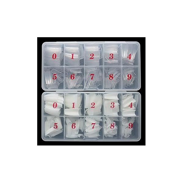 French Acrylic False Nail Tips, 1000PCS Fake Shape Artificial Nails Tips 10 Sizes with Case for Art Salons (Clear+Natural)