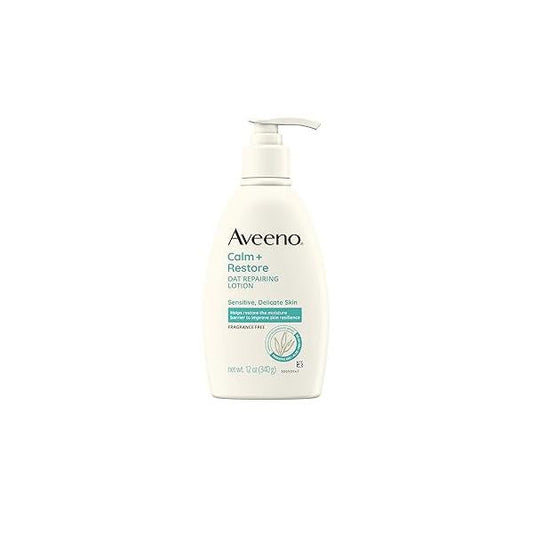 Aveeno Calm + Restore Oat Repairing Body Lotion for Sensitive Skin, Daily Moisturizer with Prebiotic Oat, Aloe & Pro-Vitamin B5 Helps Skin's Moisture Barrier, Fragrance Free, 12 oz
