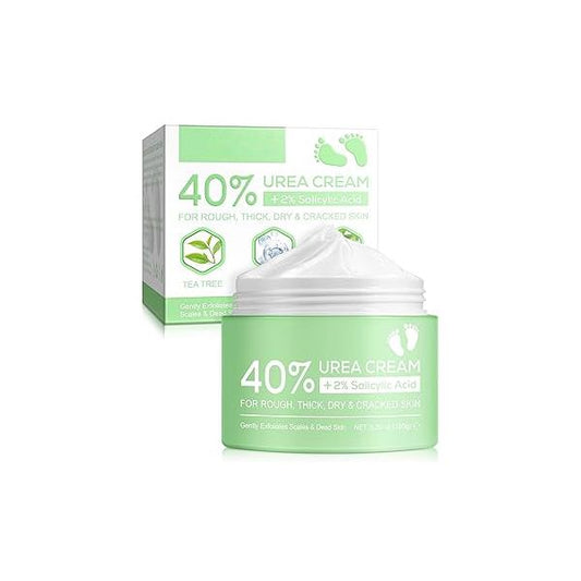 40 Percent Urea Cream plus 2 Salicylic Acid - for Rough Thick Dry & Cracked Skin Gently Exfoliates Feet Hands Elbows Tea Tree, Aloe Vera 5.29 Oz(150g), Green